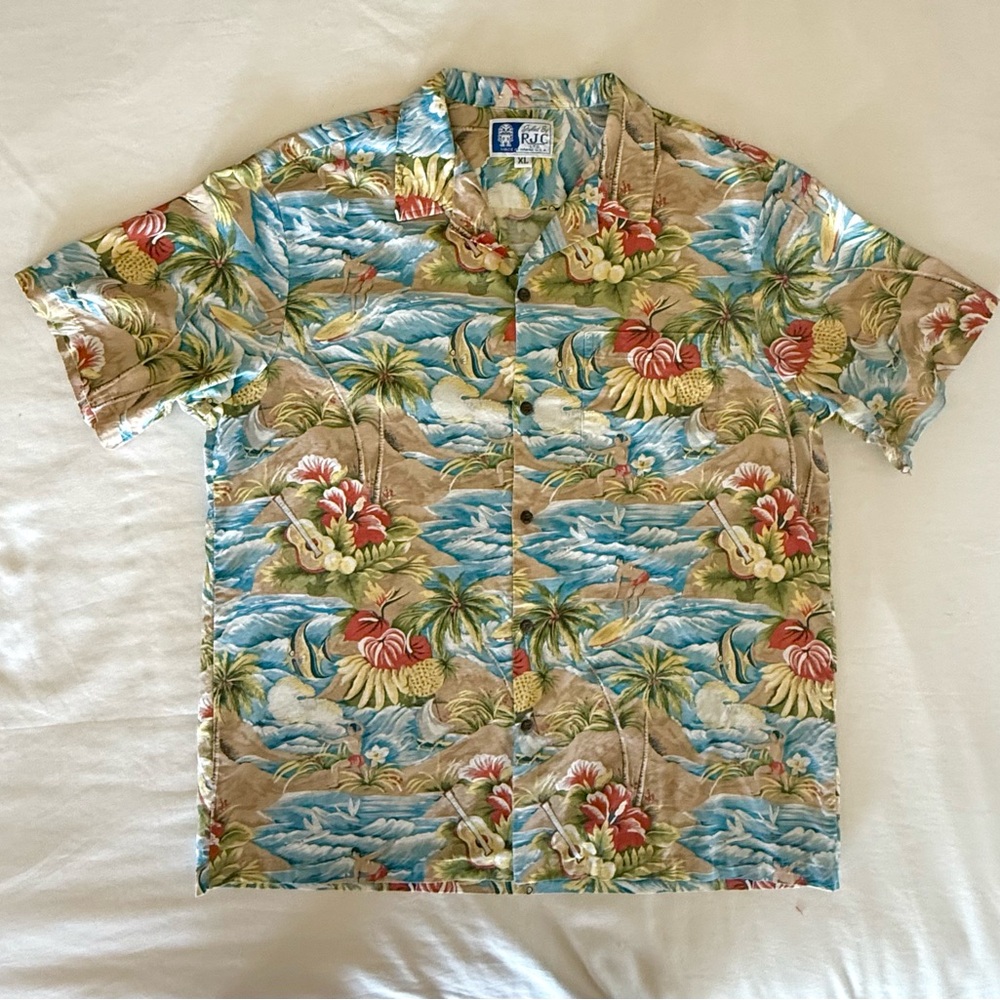 Vintage RJC Hawaiian Shirt, Mens XL Surfing, Palm Trees